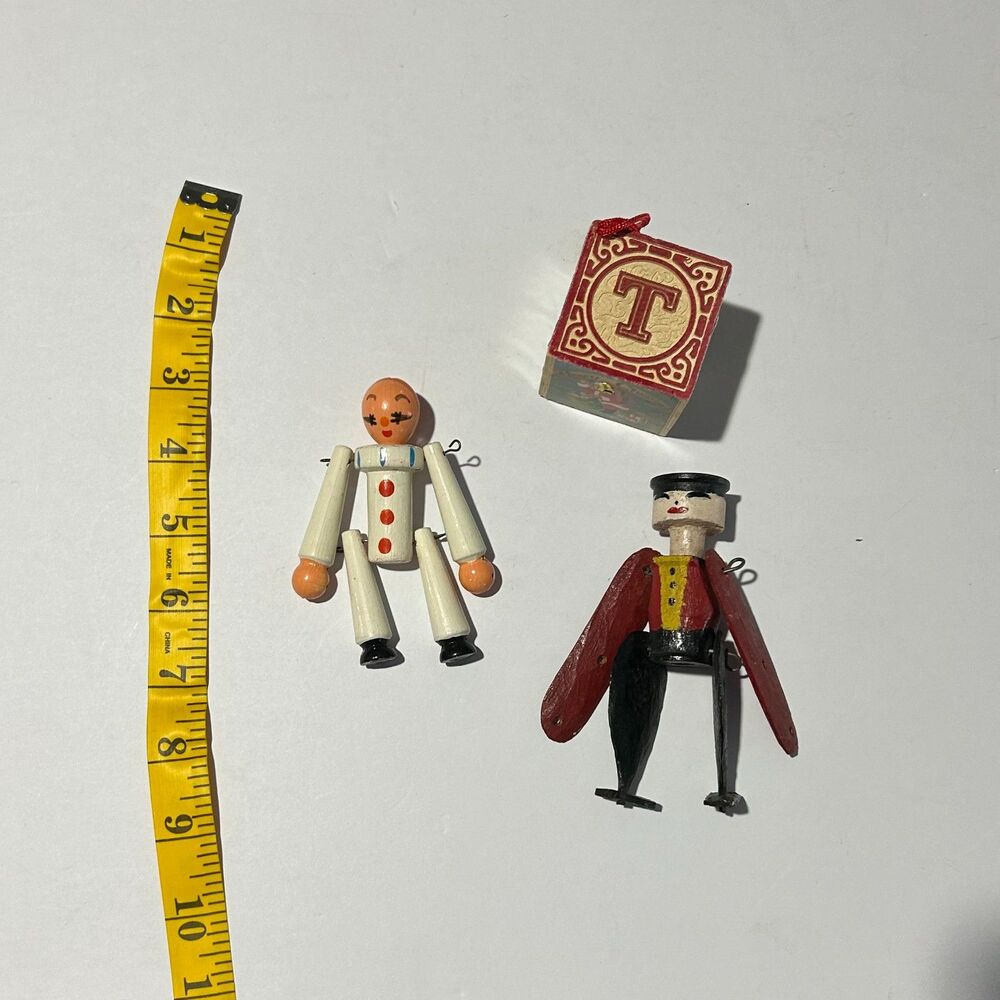 VTG 80s Wooden Christmas Ornament Lot, 3pc- Jointed Limbs + Block
